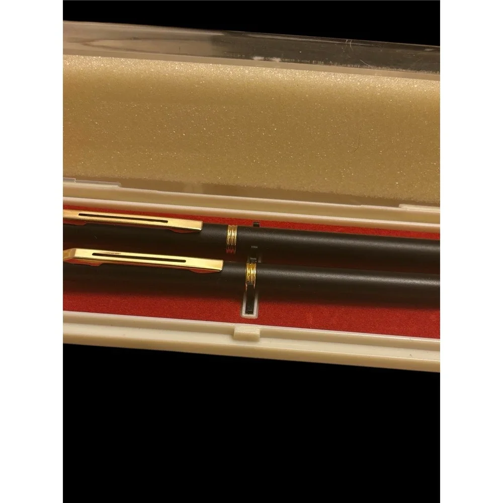 Metal Ballpoint pen Mechanical Pencil Set Black Body Gold Trim‎ Vintage in Box